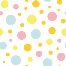 White Vector Repeat Pattern With Blue, Yellow And Pink Polka Dots. Pastel Colors. Perfect For Paper And Textile Projects. Surface Pattern Design.