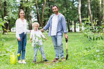 Wall Mural - family looking at camera during planting seedlings in park