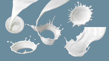 Milk splash or pouring realistic vector illustration. Natural dairy products, yogurt or cream in crown splash with drops or various swirls, for packaging design isolated on blue background