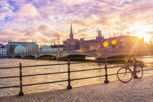 Picturesque Panoramic View Of Riddarholmen Island At Sunset In Stockholm, The Capital Of Sweden
