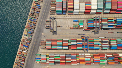 Aerial drone photo of industrial cargo area with cranes, container ships and logistics, Piraeus port, Drapetsona, Perama, Attica, Greece