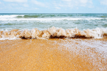 Sea wave runs on a sandy beach. Sunny day