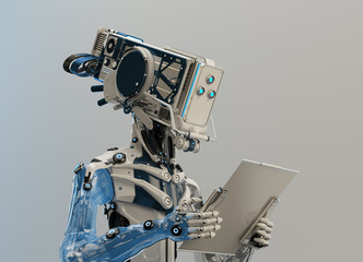 Sticker - Cyborg working with digital tablet, 3d illustration