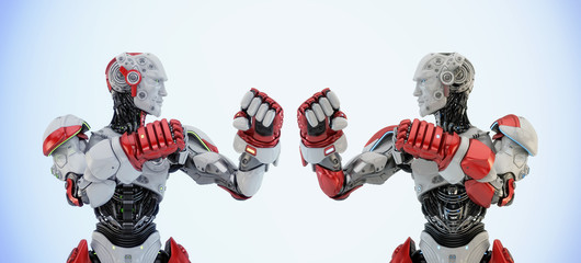Two robotic boxers boxing, 3d rendering on light background