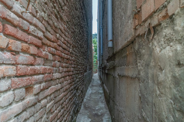 The narrow space between the two brick houses, at the end of the gap with the trees