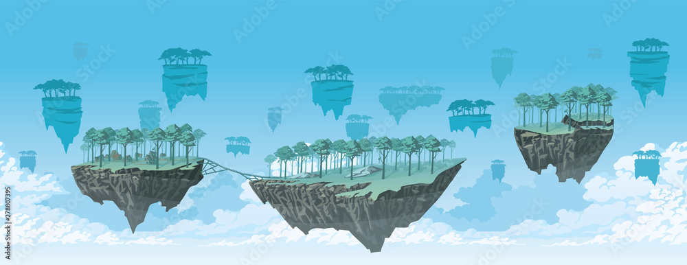 Fantasy background of a flying islands landscape. Horizontal tiles. - obrazy, fototapety, plakaty 