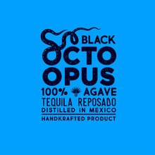 Black Octopus Label. Premium Packaging Design For  Tequila Logo. Lettering Composition With Letter O Like Octopus Tentacles. Scratch, Shabby Style.