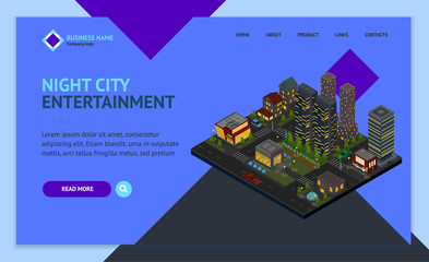 Poster - Night City District Concept Landing Web Page Template 3d Isometric View. Vector
