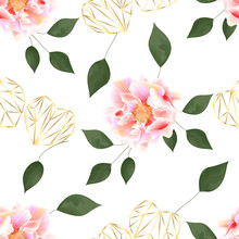 Seamless Pattern With Roses Flowers And Gold Hearts. Vector Illustration.