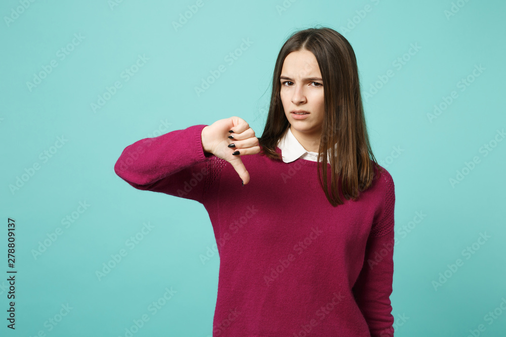 Young fun sad upset perplexed disturb brunette woman girl showing ...