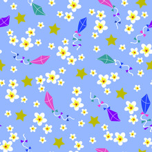 Vector Illustration. White Plumeria Flowers, Flying Kites And Stars On Baby Blue Background Seamless Repeat Pattern. Perfect For Baby Boy Apparel,textiles, And Nursery Decoration.