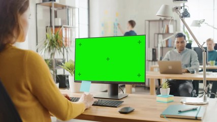 Poster - Over the Shoulder: Creative Young Woman Sitting at Her Desk Using Desktop Computer with Mock-up Green Screen. Bright Office where Diverse Team of Young Professionals Work on Computers
