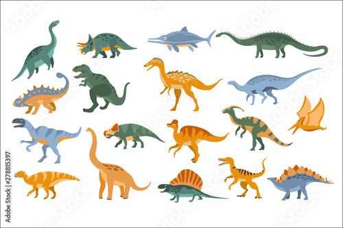Photo Jurassic Period Dinosaurs Set Flat Simplified Cartoon Style Bright Color Vector Illustration On White Background