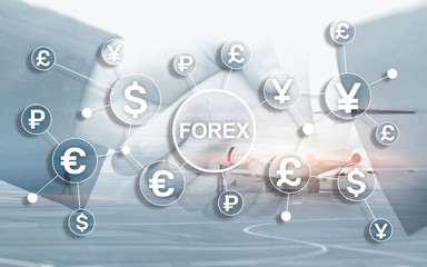 Forex trading currency exchange business finance diagrams dollar euro icons on blurred background.