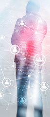 Wall Mural - Vertical Panorama Banner. Double exposure people network structure HR - Human resources management and recruitment concept.