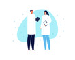 © tasty_cat - Vector modern scientist character illustration. Team of asian male and female in white coat holding notepad on blue shape isolated on white background Design element for web, report, presentation