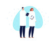 © tasty_cat - Vector modern scientist character illustration. Group of male and female in white coat uniform holding notepad on blue shape isolated on white background Design element for web, report, presentation