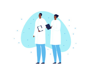 Wall Mural - vector modern scientist character illustration. team of black skin male and female in white coat hol