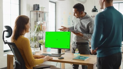 Aufkleber - Three Start-up Entrepreneurs Work on Desktop Computer with Green Mock-up Screen, They Discuss Project Design, Use Touch Screen Digital Tablet. Modern Stylish Office with Diverse Team of Professionals 
