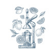 © Maria - Citrus juice squeezer and lemons. Engraved  vintage style illustration. Vector illustration