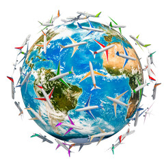 global air travel concept. airplanes around the earth globe, 3d rendering