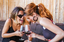 Two Happy Women Having A Glass Of Red Wine At A Bar