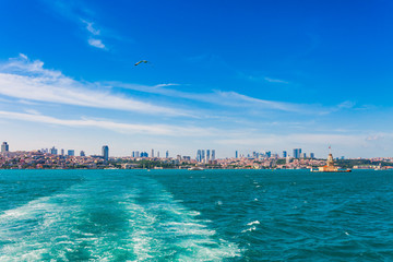 Wall Mural - Panoramic view of Istanbul. Panorama cityscape of famous tourist destination Bosphorus strait channel. Travel landscape Bosporus, Turkey, Europe and Asia.
