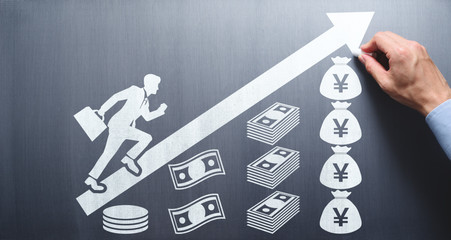 Aufkleber - Salary and savings increase concept. Drawing money and businessman going up hill on chalkboard.