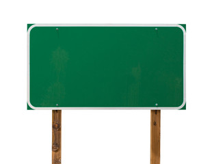 Wall Mural - Blank Green Road Sign with Wooden Posts Isolated on a White Background