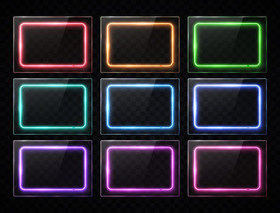 Wall Mural - colorful neon rectangle banners collection. glowing square buttons set on transparent background. sh