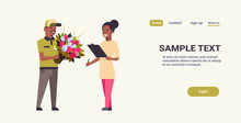 Courier Man Giving Bouquet Of Flowers To Woman Recipient Express Delivery Service Concept Girl Receiving Parcel From African American Deliveryman Horizontal Full Length Copy Space
