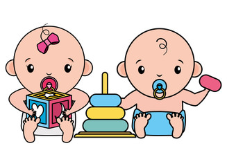 Poster - cute little babies couple with toys