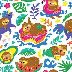 Seamless pattern with cartoon sloths enjoy summer day in the water. Vector illustration