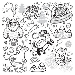 Wall Mural - Contour set with magical animals in cartoon comics style. Vector illustration