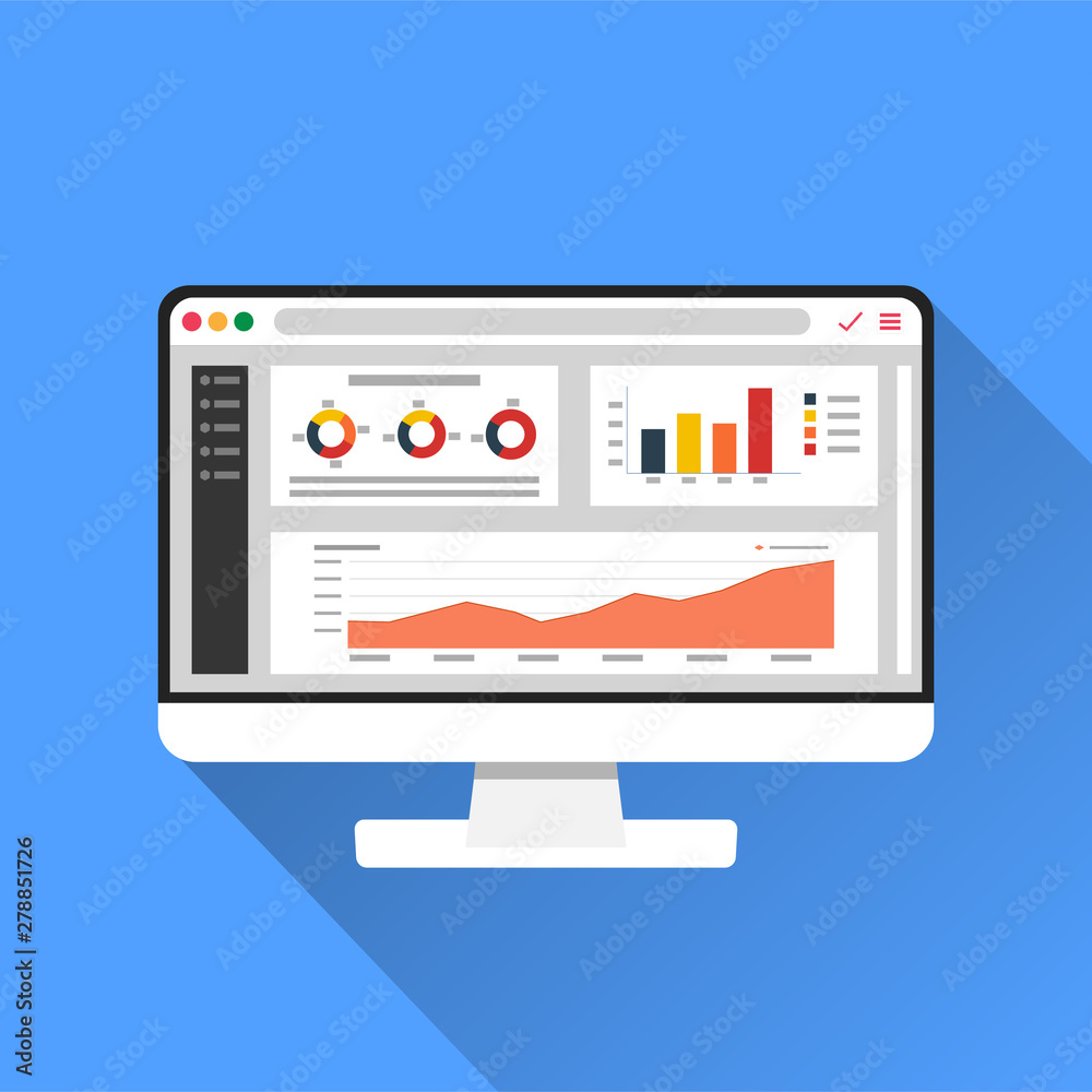 Web analytic information on Computer screen flat icon. trend graphs ...