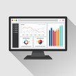 Web analytic information on Computer screen flat icon. trend graphs report concept. statistic charts for planning and accounting, analysis, audit, management, marketing, research vector illustration.