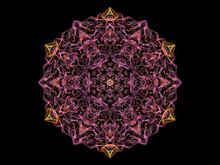 Pink And Yellow Abstract Flame Mandala Flower, Ornamental Floral Round Pattern On Black Background. Yoga Theme.