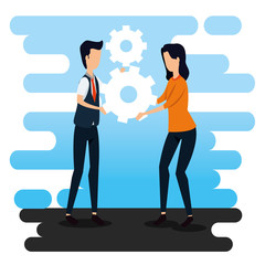 Canvas Print - businessman and businesswoman teamwork with gears strategy