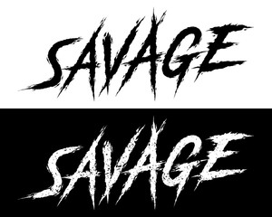 Savage. Set of 2 Brush painted letters on isolated background. Black and white, solid and distressed. Vector illustration for t shirt design, print, poster, icon, web, gym, fitness wear.