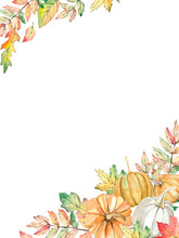 Watercolor Autumn Banner With Leaves And Pumpkin Isolated On White Background. Perfect Illustration For Greeting Cards, Wedding Invitations, Floral Poster And Template.