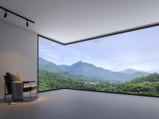 Minimalist room space with nature view 3d render,With a dark gray tile floor and white wall. Decorated with black cloth chairs,There are large  window, looking out to see the mountain.
