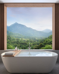 Wall Mural - Modern contemporary bathroom with nature view 3d render,There are concrete tile floor decorate wall with wood lattice, There are large open window overlooking to see mountain view.