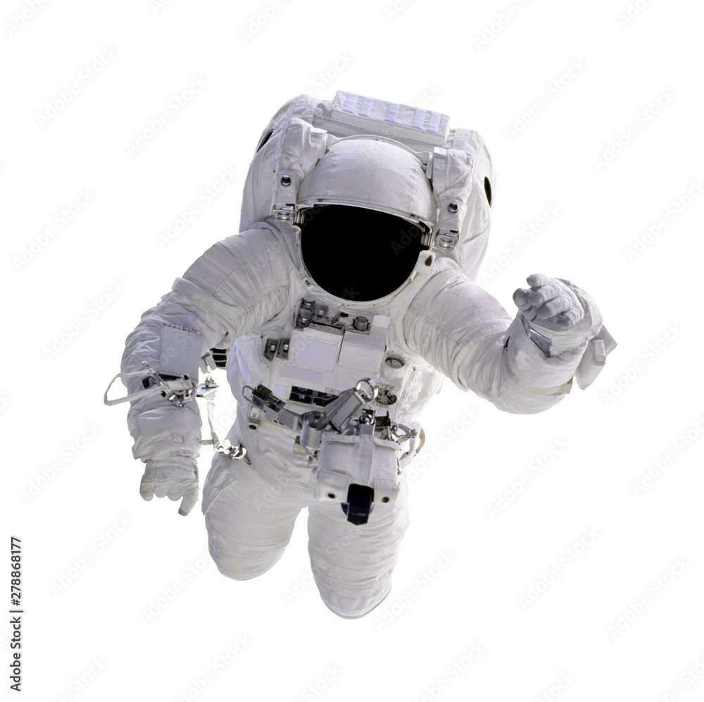 Astronaut floating in space isolated on white background. (Elements of this image furnished by NASA) - obrazy, fototapety, plakaty 