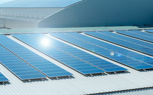  Solar Panels Or Solar Cells On Factory Rooftop Or Terrace With Sun Light, Industry.