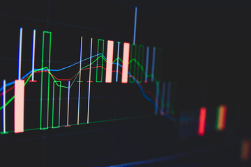 Stock market trading graph and candlestick chart on screen for businese financial investment concept. Economy trends background. Abstract finance and invest background.