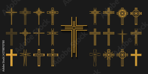 Icons set. Crosses of christian religion. Jesus Christ and God, faith sign. Church and pray, religion and resurrection. Vector