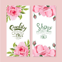 Sticker - Tailor Shop Banner Templates Set, Quality Clothing Sewing Studio Retro Badges Decorated with Pink Peony Flowers Vector Illustration