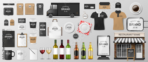 Download Restaurant Corporate Branding Identity Template Mockup Design For Coffee Cafe Fast Food Realistic Set Of Uniform Delivery Truck Food Cart Street Menu And Package Vector Illustration Stock Vector Adobe Stock