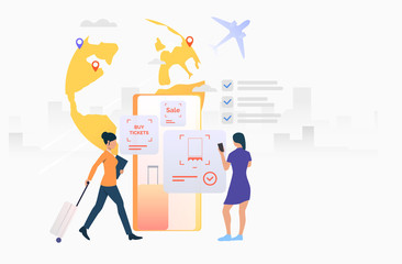 Poster - Women using mobile phone and booking flight ticket. Tourist, passenger, luggage. Booking online concept. Vector illustration can be used for topics like mobile app, holiday, travel