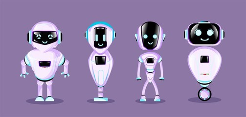 Wall Mural - Group of modern robots isolated background cute cartoon character. Vector Illustration.